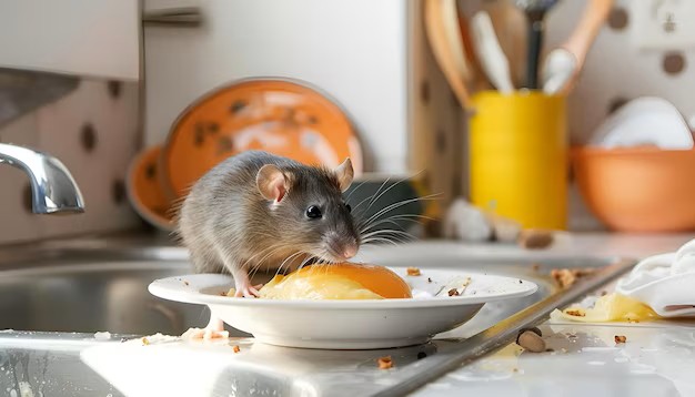 Rat eating food scraps in kitchen needing rats and mice pest control service